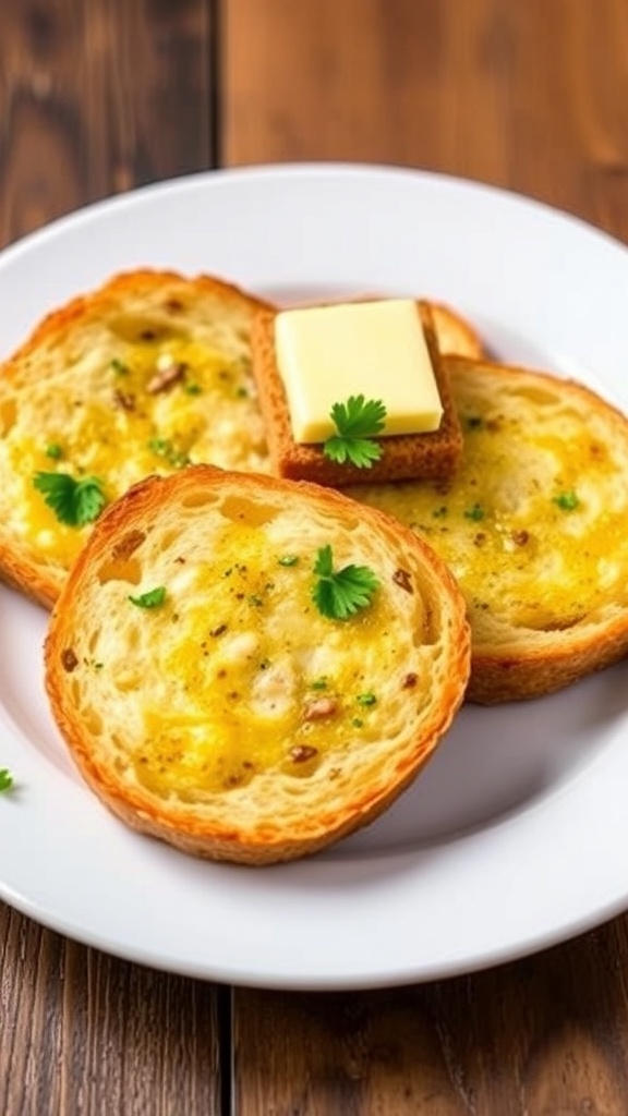Garlic Bread with Sandwich Bread Recipe Golden garlic bread slices made from sandwich bread, garnished with parsley on a rustic plate.